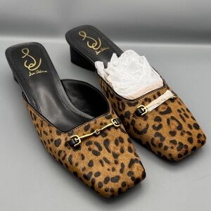Sam Edelman Leopard Print Brown Haircalf Mule Slides with Gold Hardware